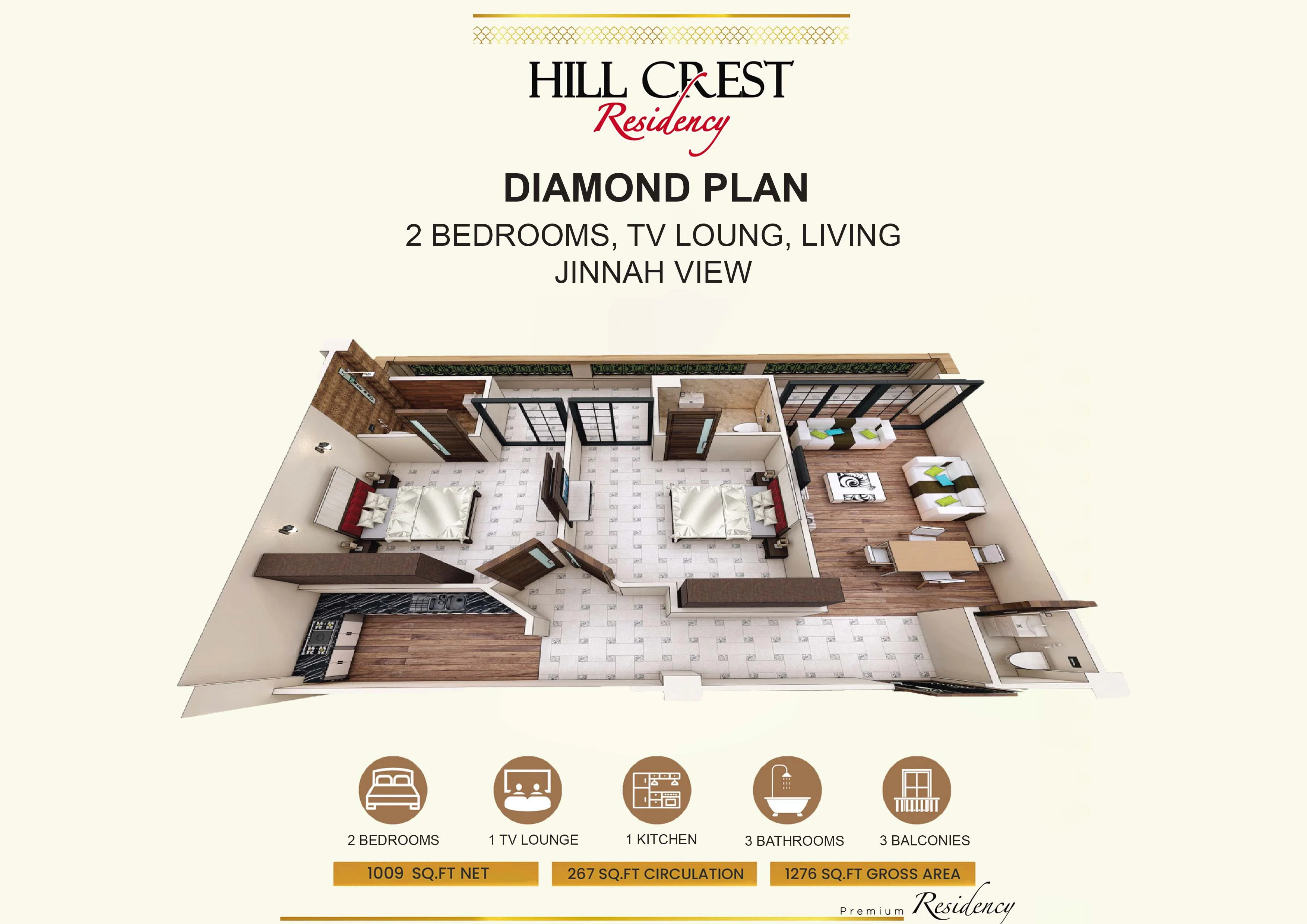 2 Bed Diamond floor plan - Hill Crest Residency
