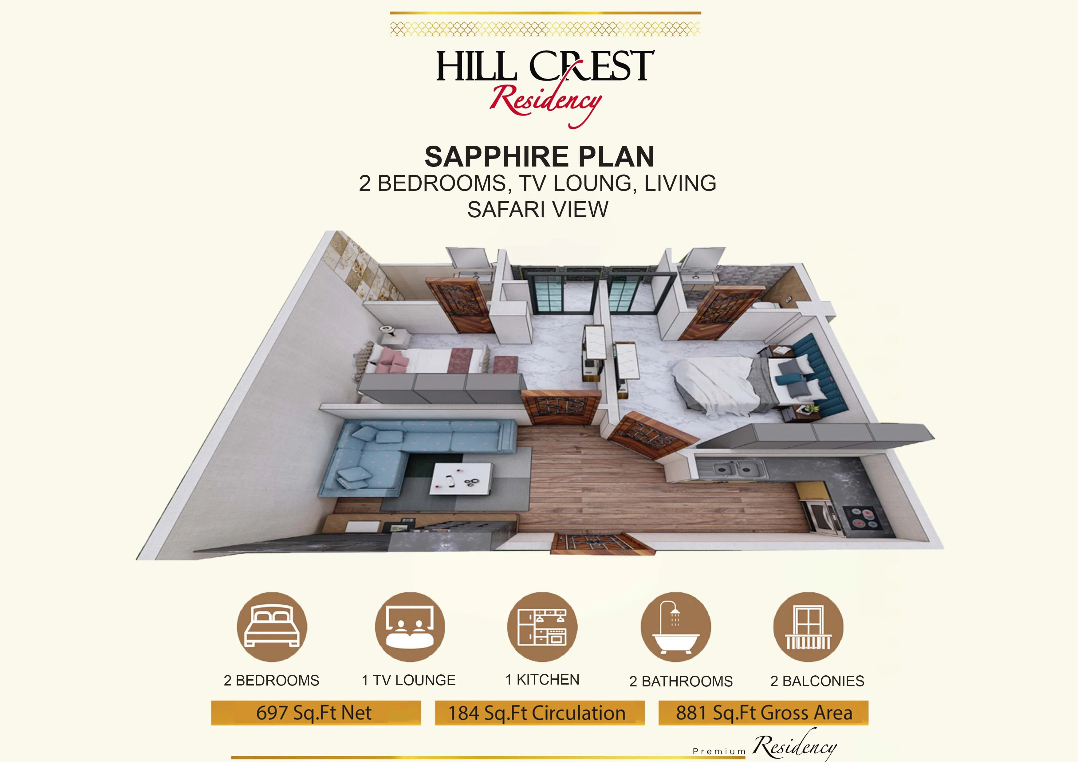 2 Bed Sapphire floor plan - Hill Crest Residency