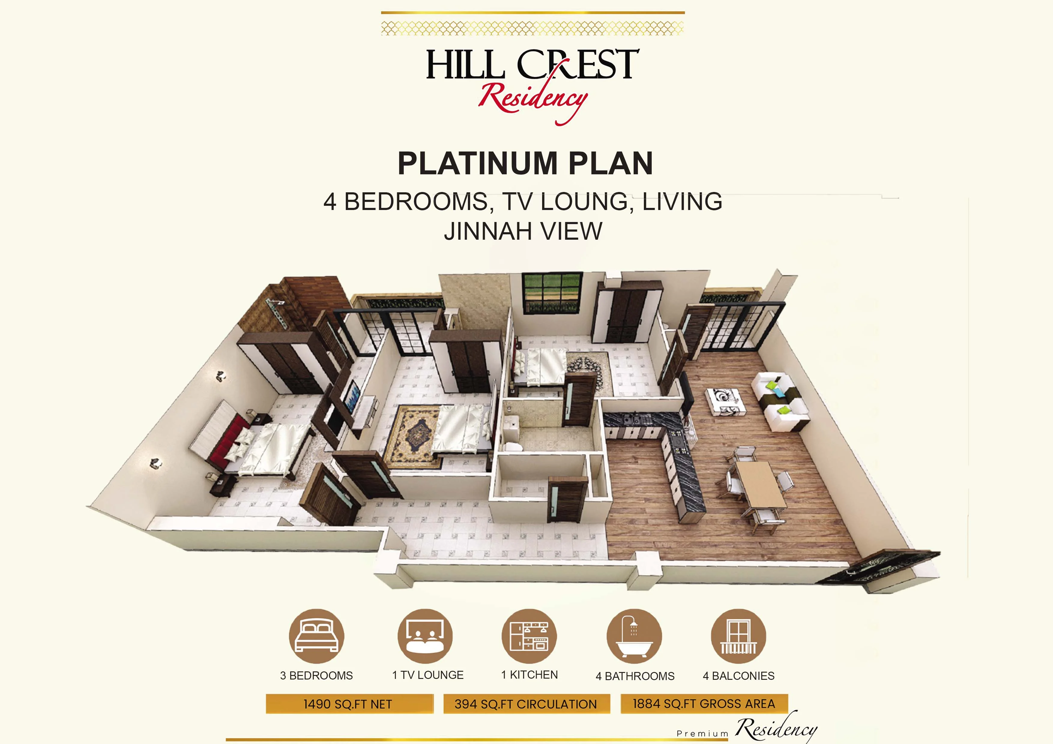 3 Bed Platinum floor plan - Hill Crest Residency