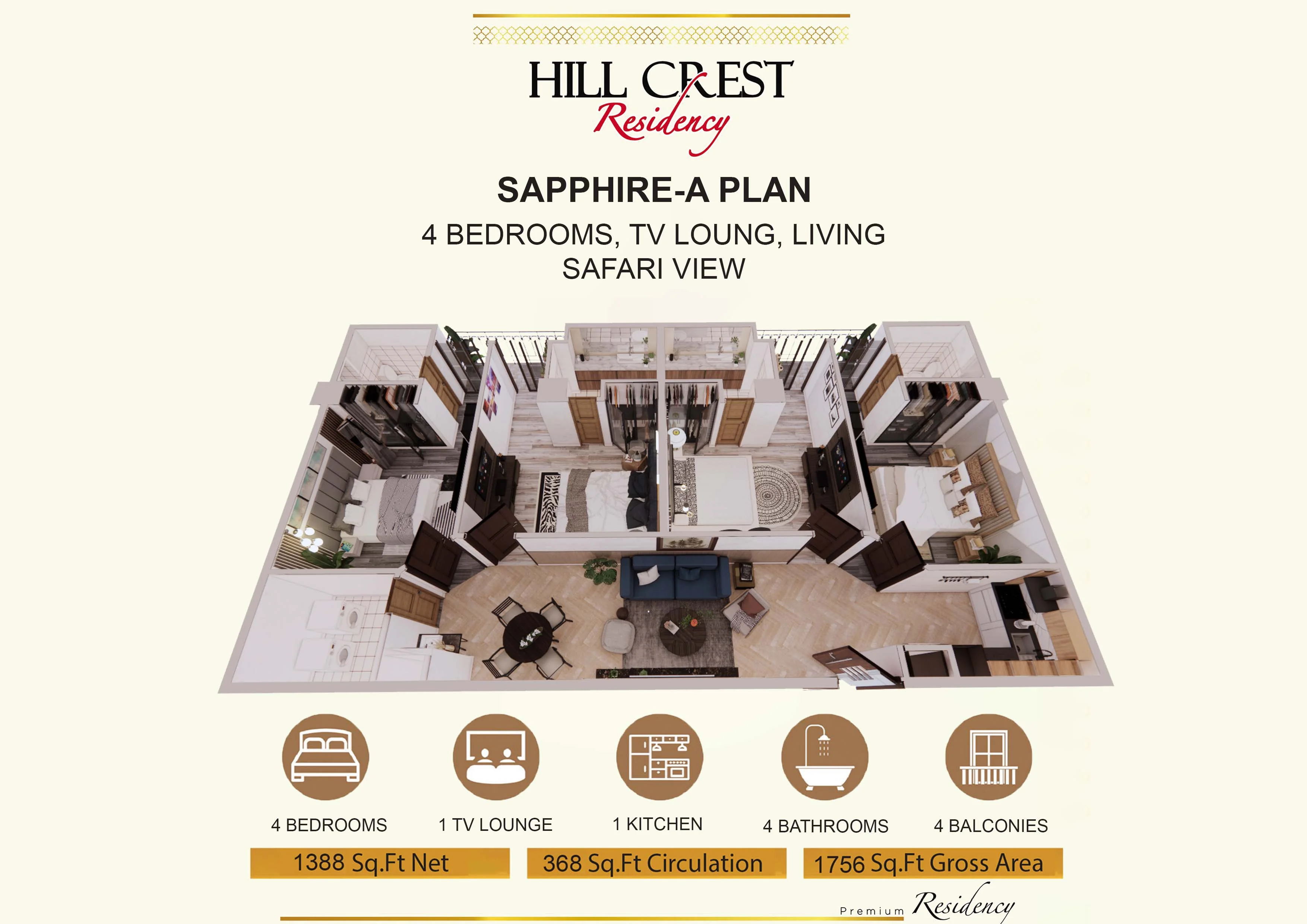 4 Bed Sapphire-A floor plan - Hill Crest Residency